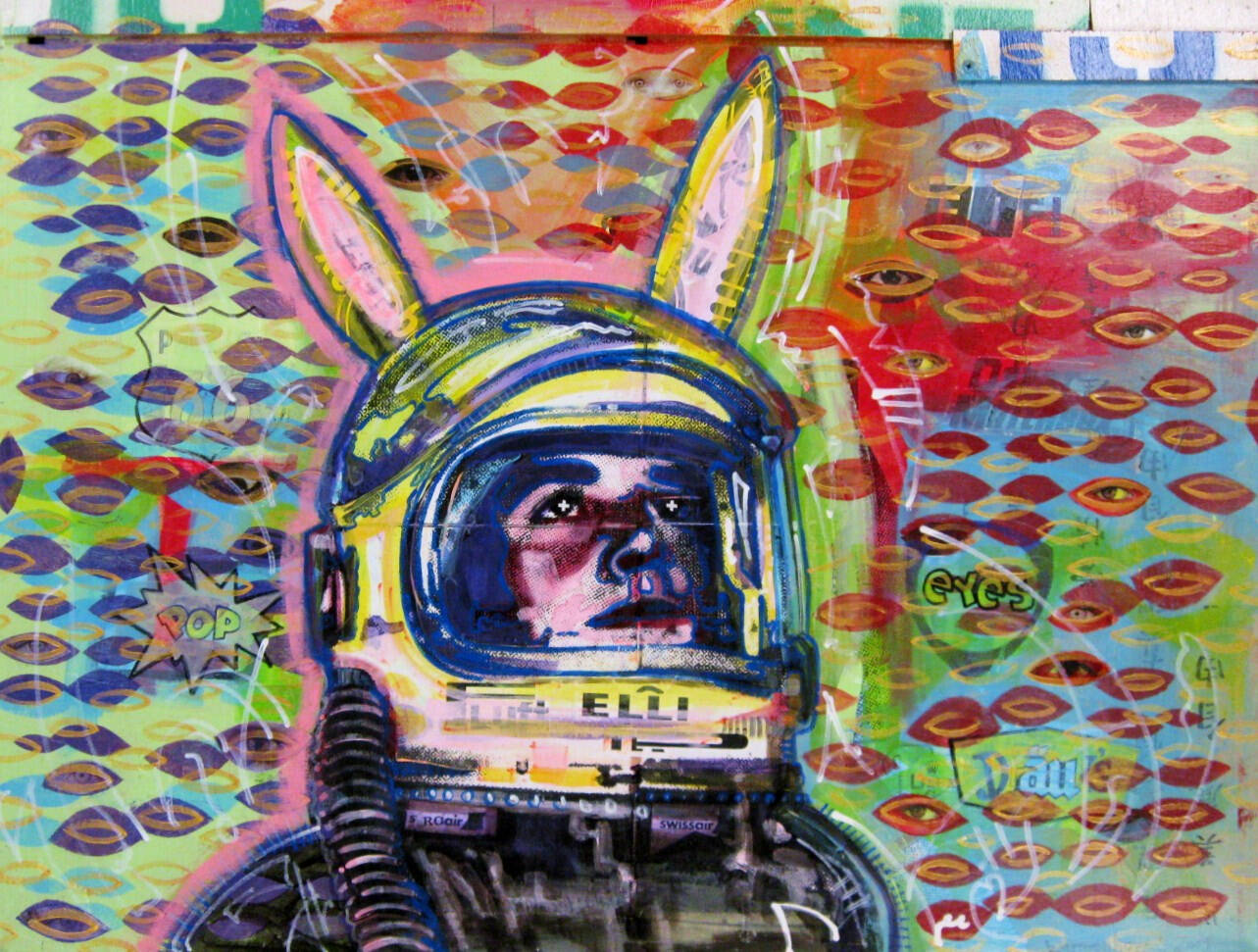 Image includes a person in a space helmet with bunny ears. Colorful background with splashes of red, greed, and blue.